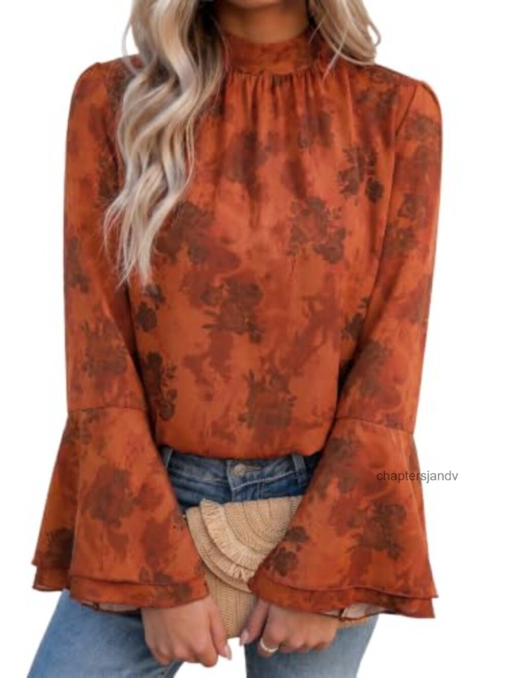 Boho Floral Bell Sleeve Mock Neck Pleated Chiffon Blouse